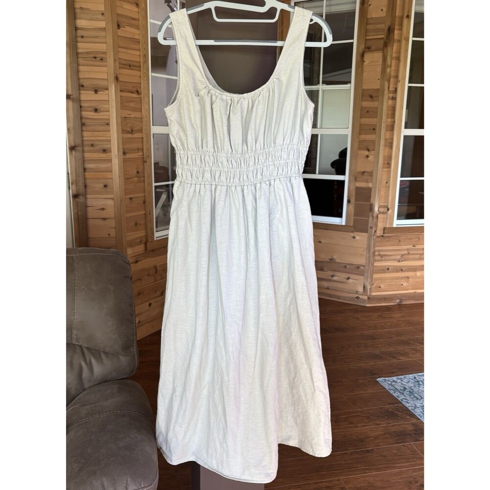 Wishlist Sun Dress Women M Tan Midi Linen Cotton Boho Empire Waist Cottagecore